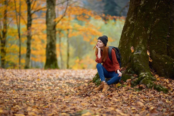 Woman hiker with backpack sits under a tree in autumn forest fallen leaves landscape — Stock Photo, Image