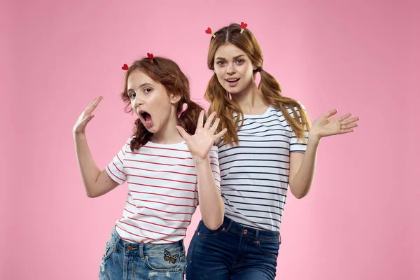 Amigas divertidas con pinzas de ropa pelo sobre un fondo rosa hermanas — Foto de Stock