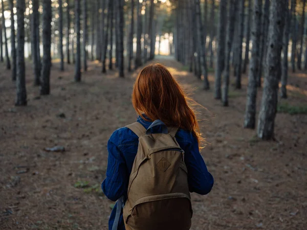 Visão traseira de uma mulher com uma mochila e em uma camisa azul na natureza na floresta — Fotografia de Stock