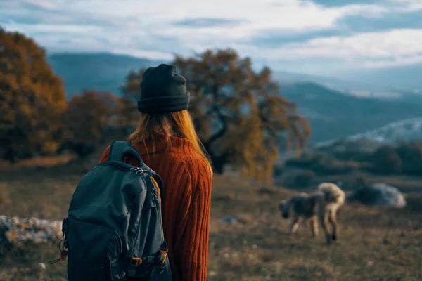 Woman tourist backpack travel landscape back view — Stock Photo, Image