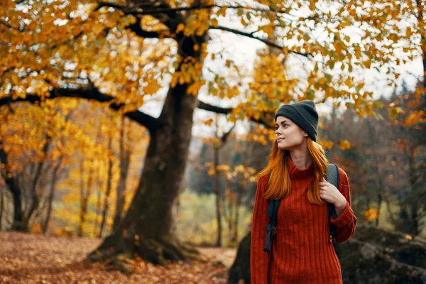 Mulher em uma camisola caminha no parque no outono natureza paisagem ar fresco Modelo mochila — Fotografia de Stock