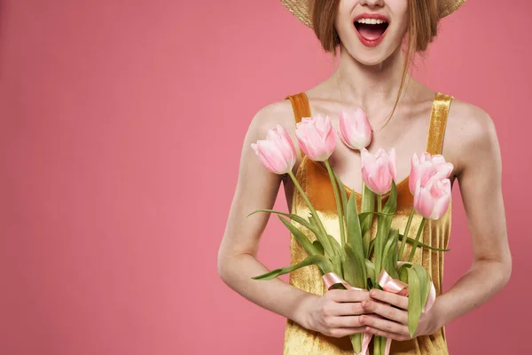 Kvinna Med Bukett Blommor Kvinnors Dag — Stockfoto