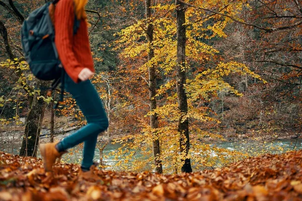 Jonge vrouw in jeans en een trui met een rugzak op haar rug wandelingen in het park in de herfst in de natuur, bottom view — Stockfoto