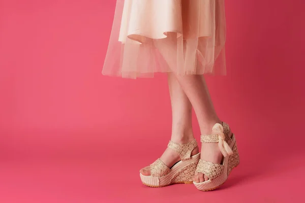 Piedi femminili scarpe moda elegante stile ritagliato vista rosa sfondo — Foto Stock