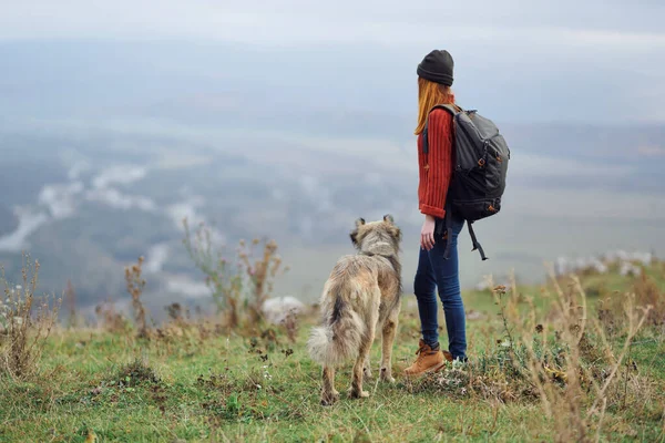 Жінка ходить з рюкзаком з собакою в горах подорожує дружба — стокове фото