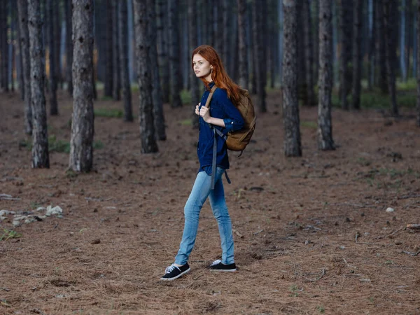 Turista mujer en pleno crecimiento en un bosque de pinos con una mochila en la espalda —  Fotos de Stock