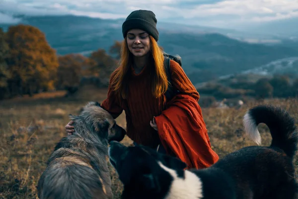 Mulher caminhante viagem férias passeio cão montanha — Fotografia de Stock