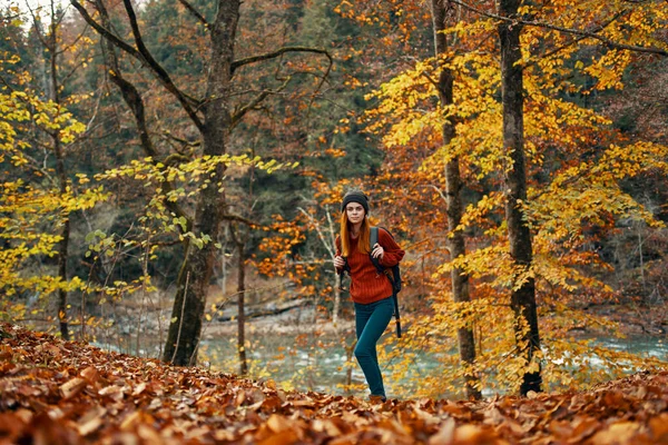 Mulher viaja na floresta de outono na natureza paisagem folhas amarelas em árvores turismo rio lago — Fotografia de Stock