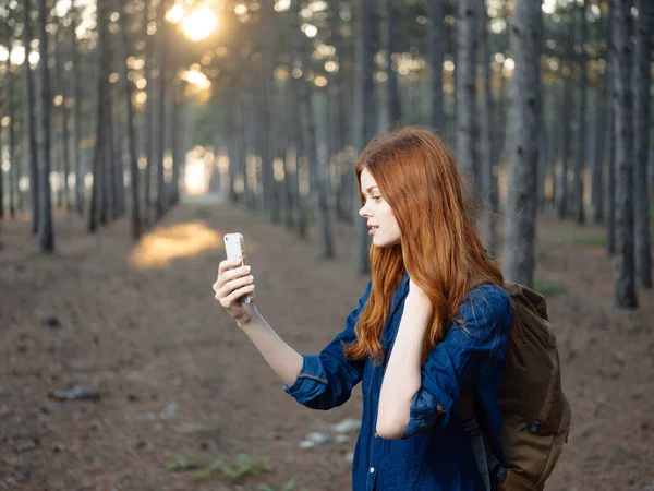 Una mujer viaja en un bosque de pinos con un teléfono móvil en la mano — Foto de Stock