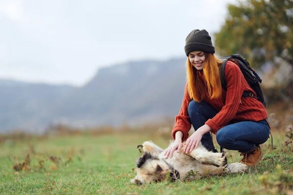 女徒步旅行者背着背包在田野里玩耍 是在和一只狗玩大自然 高质量的照片 — 图库照片