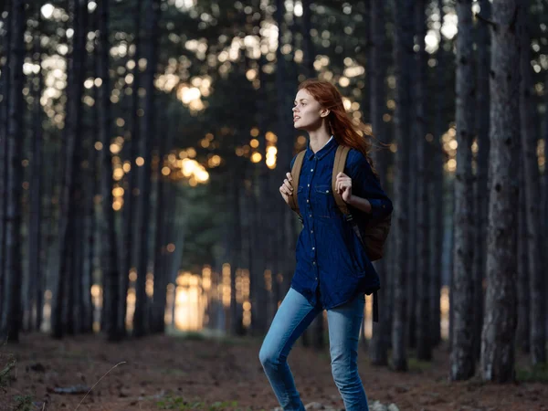 Frau Herbst Bei Sonnenuntergang Unter Bäumen Wald Unterwegs — Stockfoto