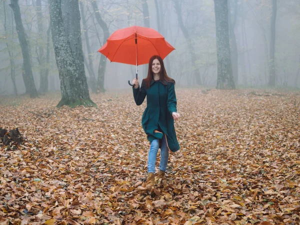 Jolie femme avec parapluie rouge en automne sur la nature jaune feuilles marcher — Photo