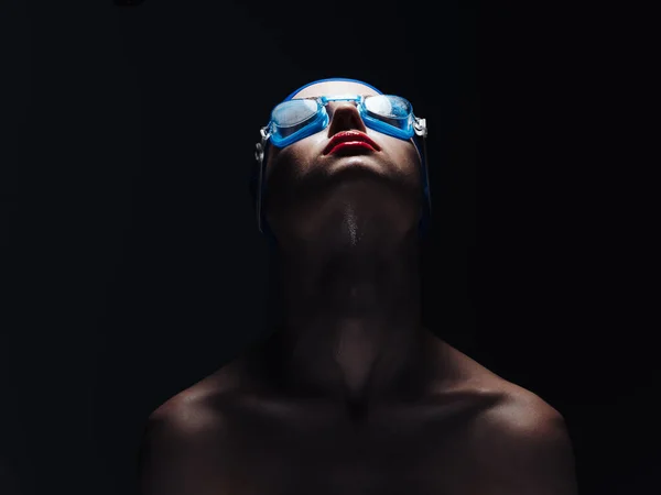 Sportswoman Black Background Goggles Swimming Portrait Close High Quality Photo — Stock Photo, Image