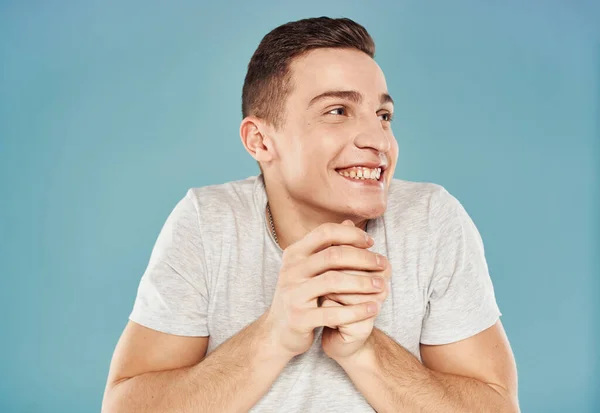 Cute man white t-shirt emotions cropped view blue background — Stock Photo, Image