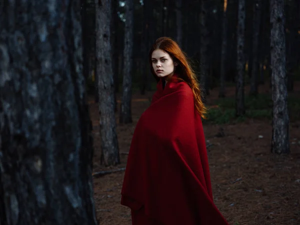 Uma Mulher Ruiva Com Xadrez Nos Ombros Caminha Floresta — Fotografia de Stock