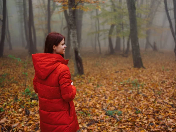 Ir en una chaqueta roja otoño caminar la niebla amarillo hojas viaje —  Fotos de Stock