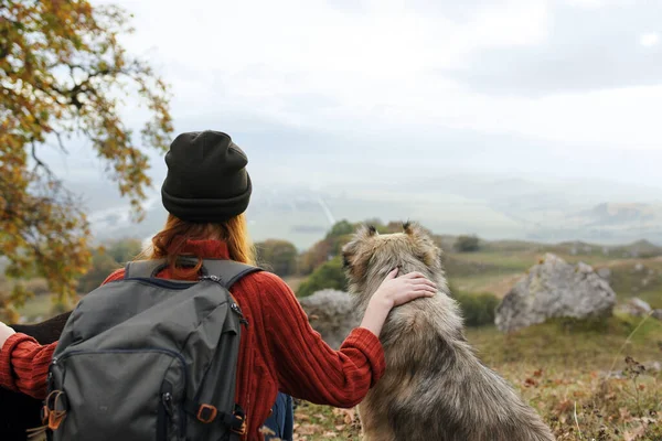 Mujer turista abraza a un perro en la naturaleza admira el paisaje —  Fotos de Stock