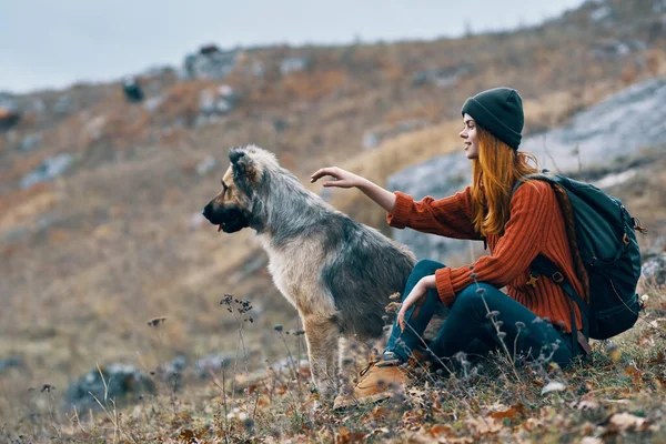 Mujer alegre turista junto a un perro amistad montañas paisaje —  Fotos de Stock