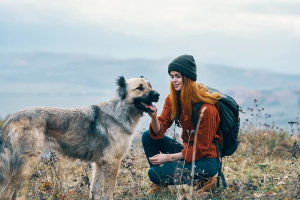 Kobieta turysta w górach na świeżym powietrzu obok podróży psa — Zdjęcie stockowe