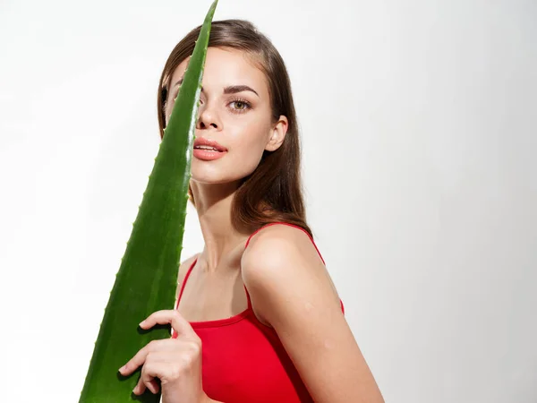 Mulher com folha de aloés pele clara cosmetologia vermelho t-shirt vista recortada — Fotografia de Stock