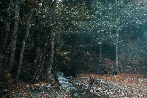 Vrouw reiziger in de buurt van een berg rivier in het bos zit op de kust herfst landschap — Stockfoto