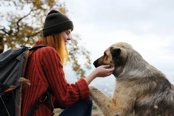Vrouw Toerist Naast Hond Natuur Hoge Kwaliteit Foto — Stockfoto