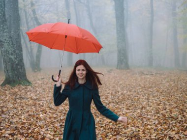 Güzel kadın kırmızı şemsiye Sonbaharda ormanda sis sarısı yapraklarla yürür