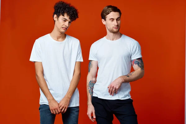 Due amici t-shirt stand fianco a fianco su sfondo isolato studio — Foto Stock