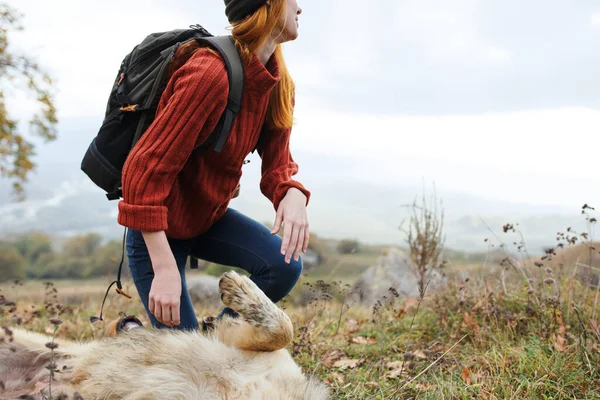 Жінка пішки на природі з собакою подорожі пейзаж дружба — стокове фото