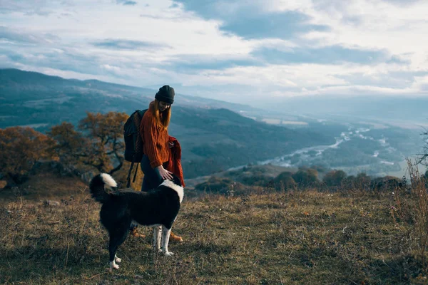 Mujeres caminando junto al perro en la naturaleza paisaje montañas viaje —  Fotos de Stock