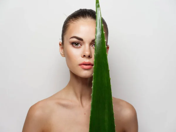 Mulher nua pele limpa cosmetologia maquiagem e folha de aloés verde no fundo claro — Fotografia de Stock
