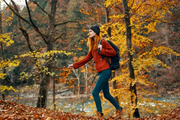 O viajante caminha na natureza no parque e árvores altas folhas amarelas rio na paisagem de fundo — Fotografia de Stock