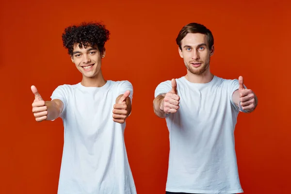 티셔츠를 입은 두 친구가 외진 배경 스튜디오에서 나란히 서 있는 모습 — 스톡 사진