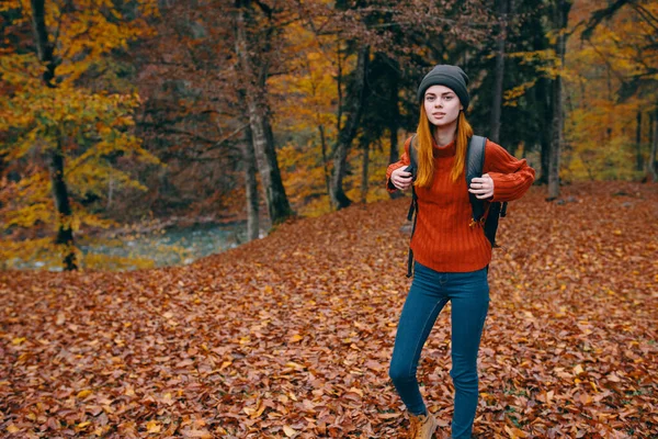 Viajante com uma mochila na floresta de outono e chapéu camisola jeans folhas caídas árvores do lago — Fotografia de Stock