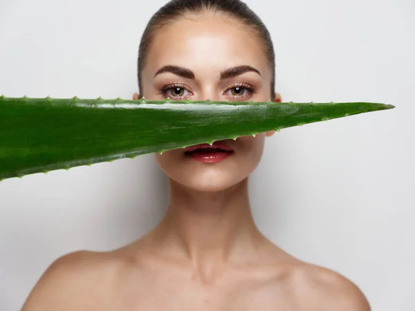 clean skin cosmetology woman with green aloe leaf