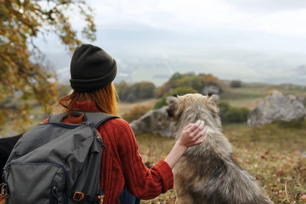 Жінка Турист Обіймає Собаку Природі Захоплюється Пейзажем Високоякісна Фотографія — стокове фото