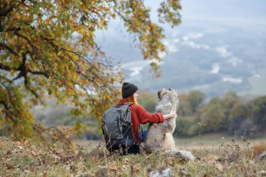 Dağlarda bir köpeğin yanında yürüyüş yapan kadın doğa manzarasına hayran. Yüksek kalite fotoğraf