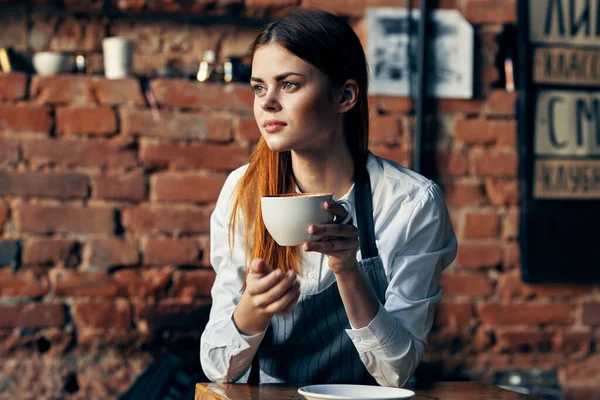 Mulher Bonita Garçom Segurando Caneca Restaurante Foto Alta Qualidade — Fotografia de Stock