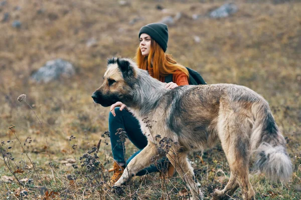 Mulher caminhante ao lado do cão nas montanhas viajar paisagem de férias — Fotografia de Stock