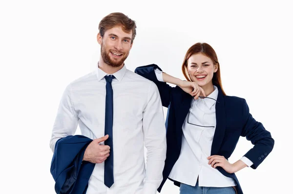 Homem e mulher em ternos finanças gerente escritório — Fotografia de Stock
