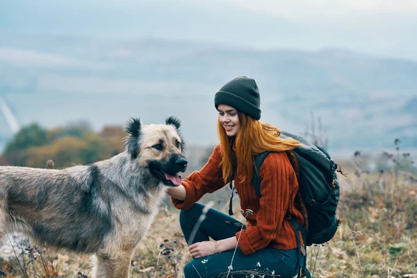 Neşeli kadın yürüyüşçü, dağlarda doğada köpeği gezdirir. — Stok fotoğraf