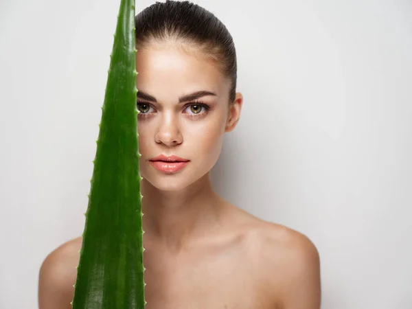 Donna con trucco sul viso tocca foglia di aloe con guance su sfondo chiaro — Foto Stock