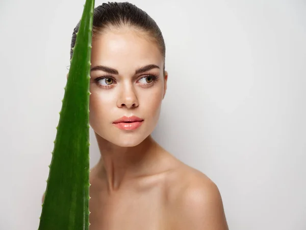 Retrato de mulher com pele limpa e folha de aloés verde modelo de ombros nus — Fotografia de Stock