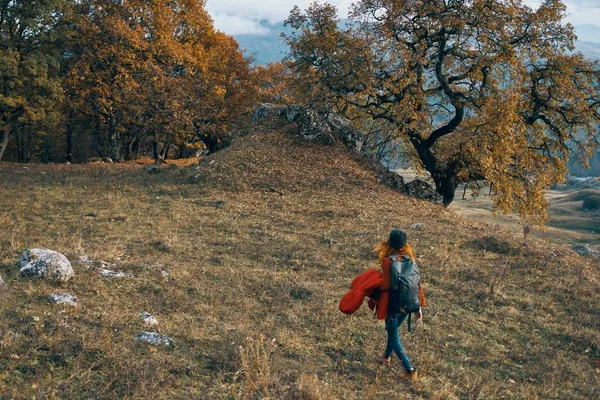 Mujer excursionista naturaleza paseo otoño bosque montañas —  Fotos de Stock