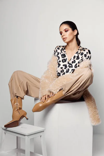 Bonito morena brilhante maquiagem leopardo impressão camisa outono estilo — Fotografia de Stock