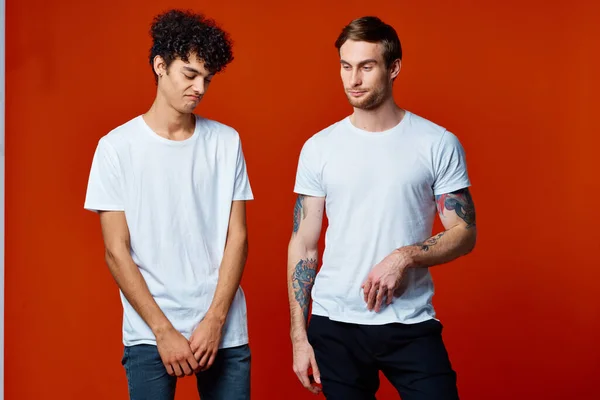 Дві друзі футболки стоять пліч-о-пліч на ізольованій фоновій студії — стокове фото