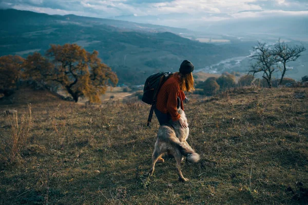 Mujeres excursionistas junto a perro paseo montañas otoño —  Fotos de Stock