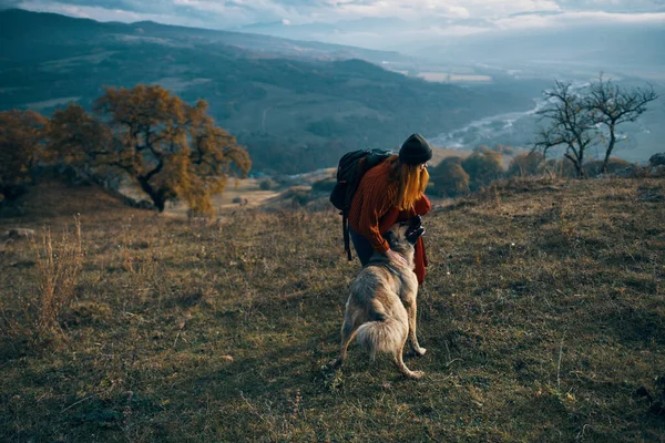 Mujeres excursionistas junto a perro paseo montañas otoño —  Fotos de Stock