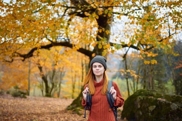 Podróżnik z plecakiem odpoczywający w jesiennym lesie w przyrodzie w pobliżu drzew — Zdjęcie stockowe