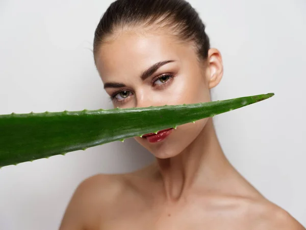 Mujer de cosmetología de piel limpia con hoja de aloe verde sobre fondo claro —  Fotos de Stock